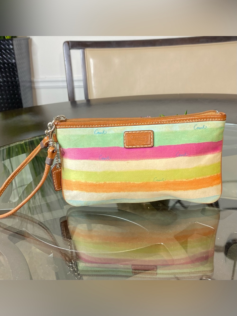 Coach Watercolor Rainbow Stripe Canvas Leather Wristlet Pouch Multicolor 41202